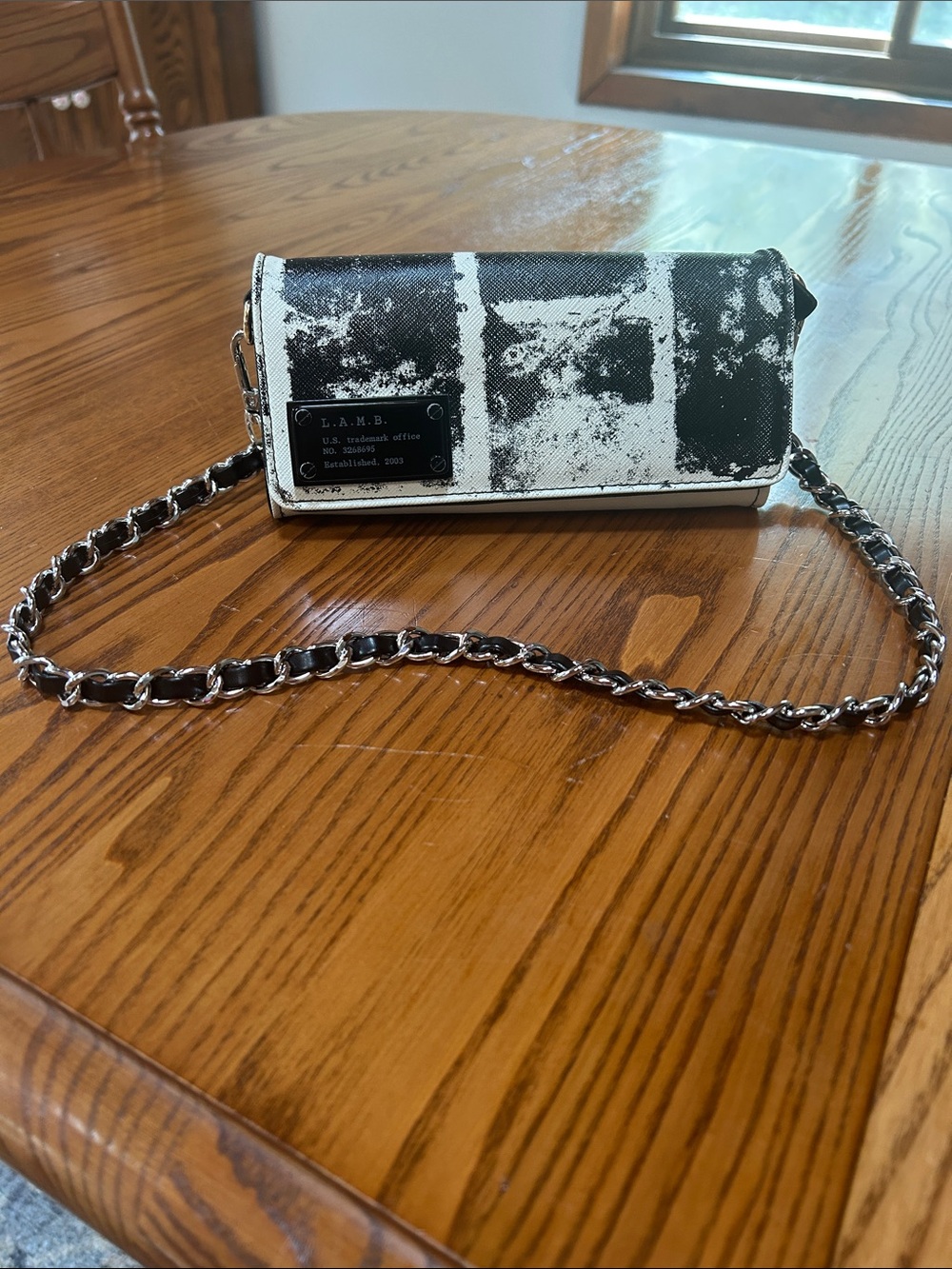 L.A.M.B. Black and White Graphic Wallet with Silver-tone Ribbon Chain